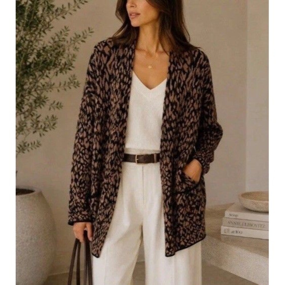 J. MCLAUGHLIN 100% Merino Wool Leopard Print Cardigan Brown Medium Pockets